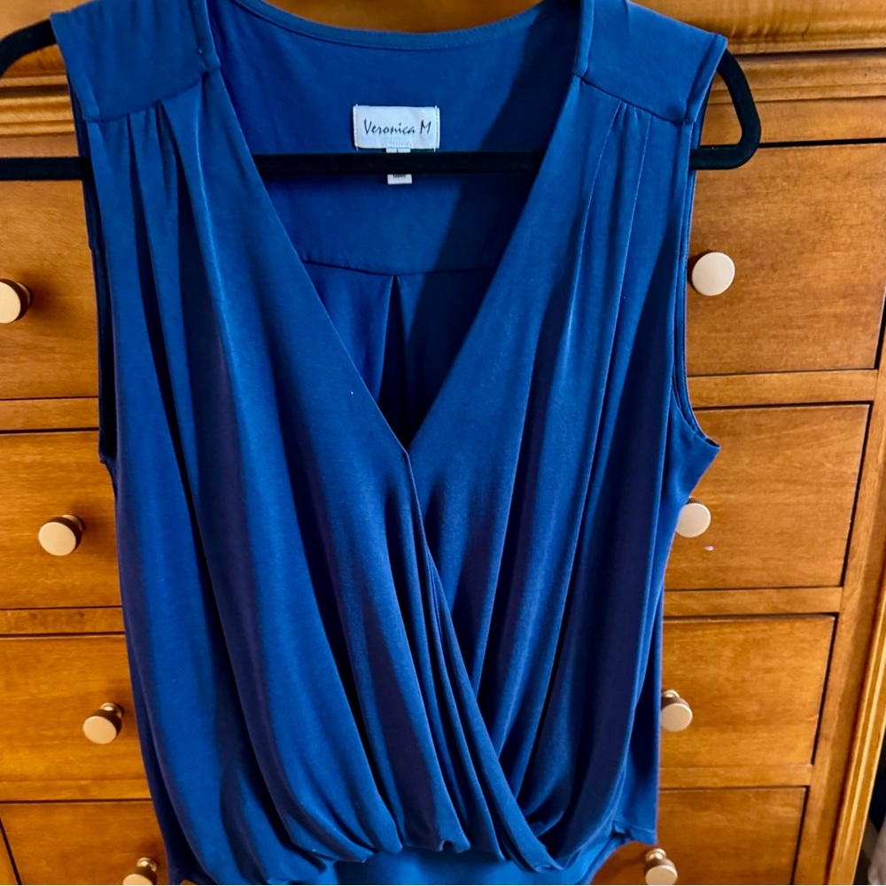 Navy Blue Sleeveless Veronica M Deep V Bubble Shirt Size Large